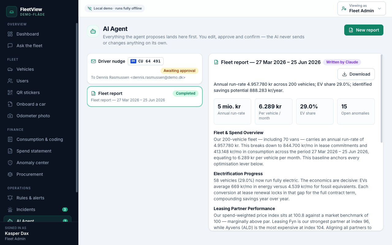 AI-flåderapport med run-rate, el-andel og identificeret besparelsespotentiale i kroner
